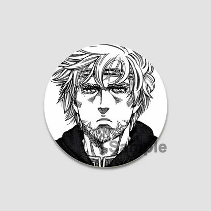 Black-and-white illustrated anime badge pin featuring detailed spiky-haired character in tinplate plastic badge pin