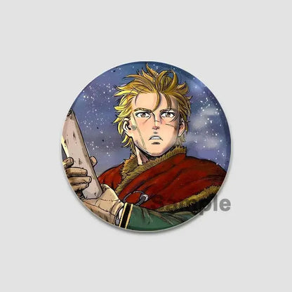 Vinland saga anime badge pin featuring spiky blonde hair character in red coat on starry night tinplate plastic badge pin