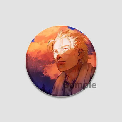Circular vinland saga anime badge pin featuring a blonde-haired young man against an orange purple sunset background