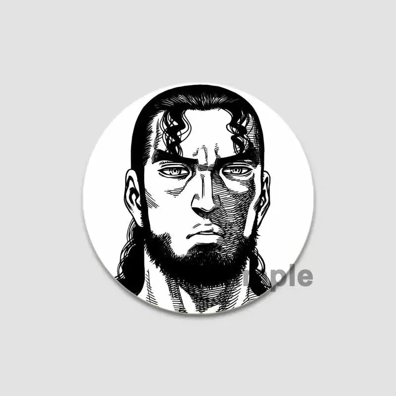 Black-and-white anime badge pin featuring a stylized bearded man with braided hair on tinplate and plastic vinyl