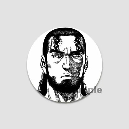 Black-and-white anime badge pin featuring a stylized bearded man with braided hair on tinplate and plastic vinyl