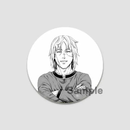 Circular black-and-white anime badge pin featuring a smiling character with crossed arms on tinplate and plastic