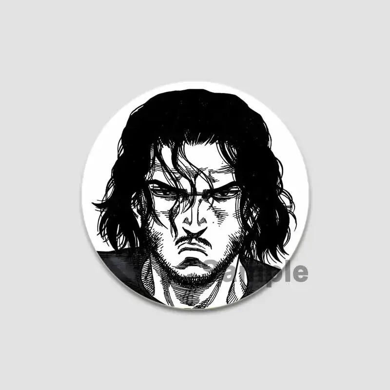 Black-and-white vinland saga anime badge pin featuring detailed ink-style illustration of a man with wavy hair