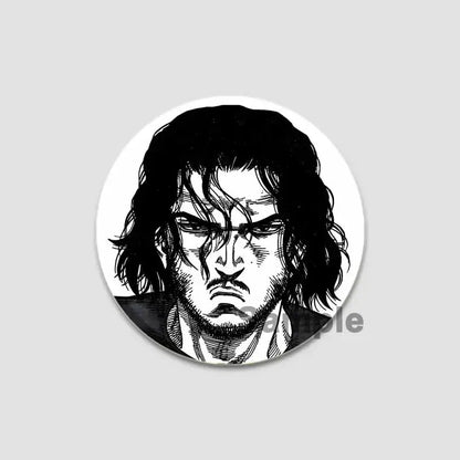 Black-and-white vinland saga anime badge pin featuring detailed ink-style illustration of a man with wavy hair