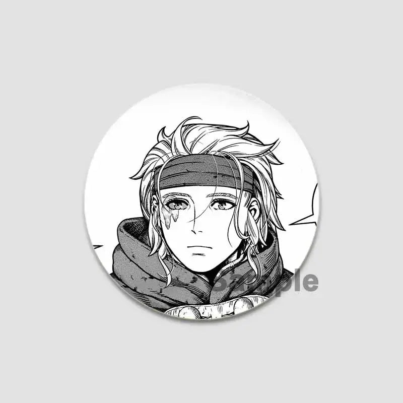 Circular black-and-white vinland saga anime badge pin with spiky-haired character tear featuring tinplate plastic design