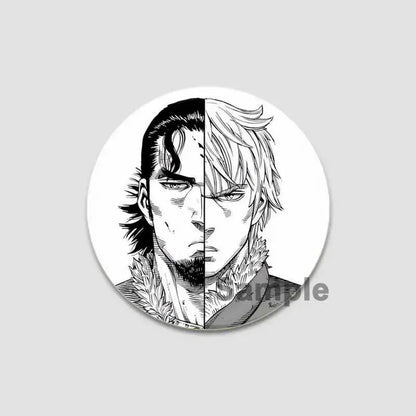 Vinland saga anime badge pin featuring a circular black and white split-face ink-style anime badge pin in tinplate plastic