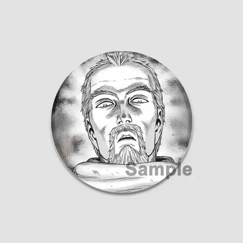 Black-and-white vinland saga anime badge pin featuring a detailed sketch of a bearded man in tinplate plastic