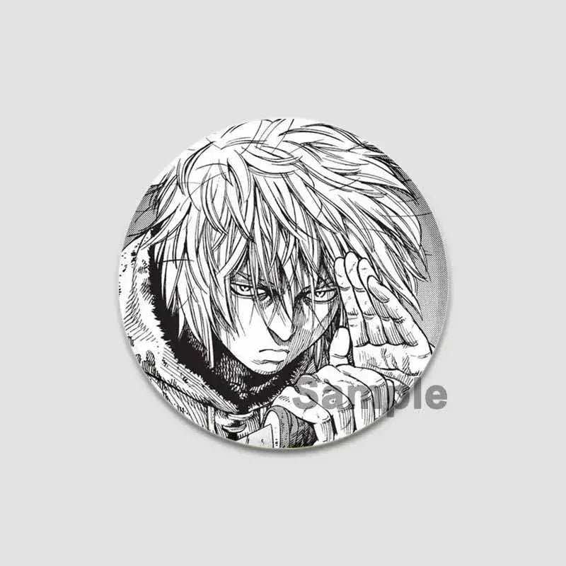 Black-and-white vinland saga anime badge pin featuring a detailed spiky-haired character on tinplate plastic