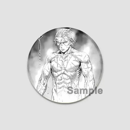 Black-and-white circular tinplate anime badge pin featuring detailed line-art of muscular shirtless male from vinland saga