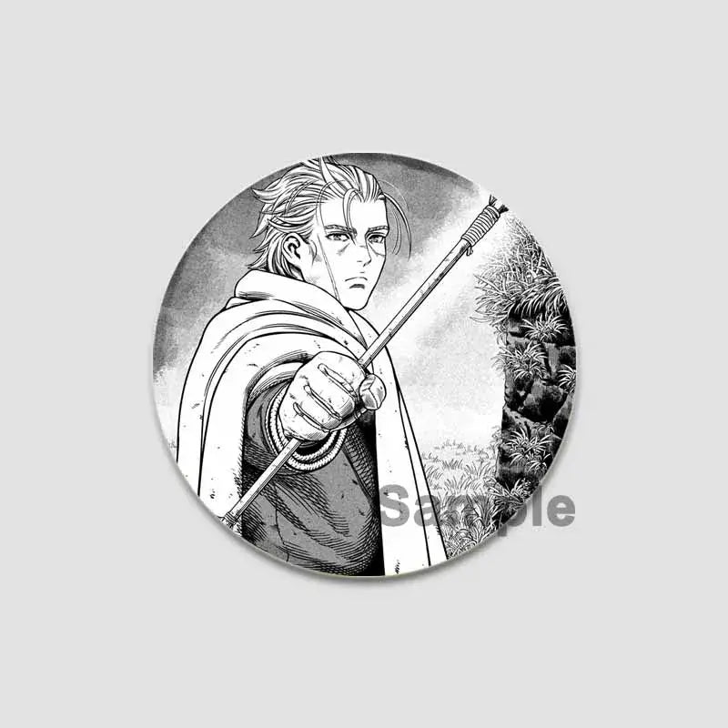 Black-and-white vinyl anime badge pin featuring detailed manga character with spiky hair holding a staff tinplate plastic