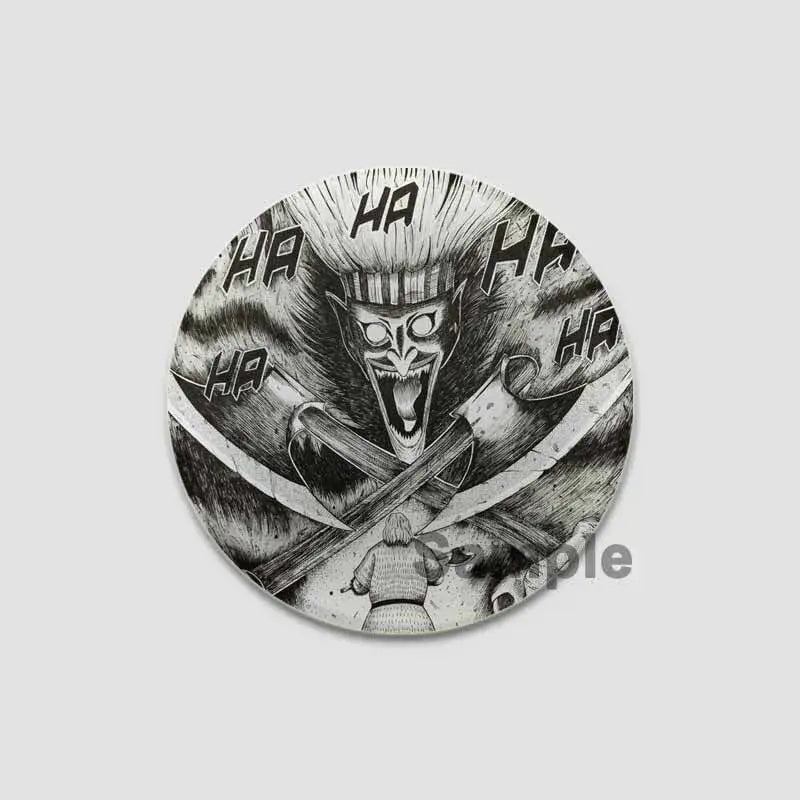 Black and white manga-style vinland saga anime badge pin featuring a horned figure with crossed swords on tinplate plastic
