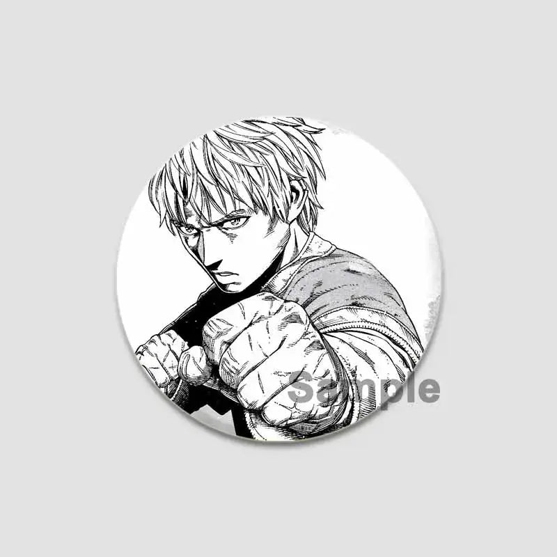 Black-and-white illustrated vinland saga anime badge pin featuring a determined character with spiky hair and clenched fist
