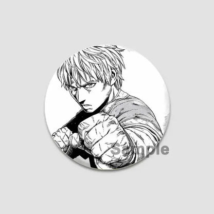 Black-and-white illustrated vinland saga anime badge pin featuring a determined character with spiky hair and clenched fist