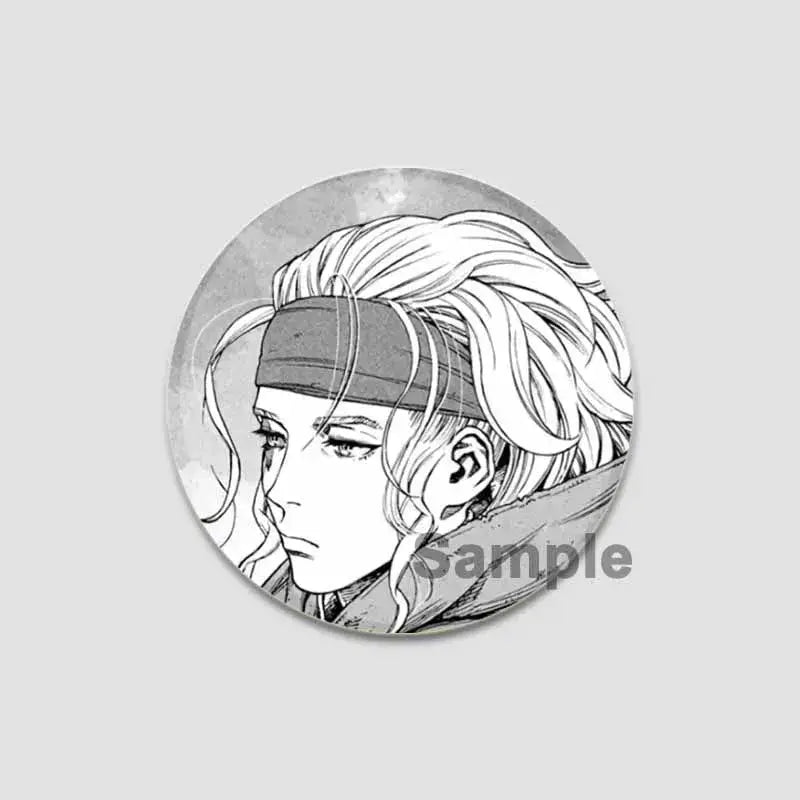 Circular black-and-white vinland saga anime badge pin featuring character with long white hair on tinplate and plastic