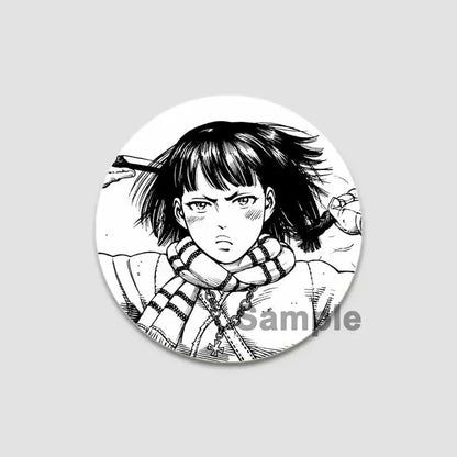 Black-and-white vinland saga anime badge pin featuring a determined short-haired character with a striped scarf on tinplate
