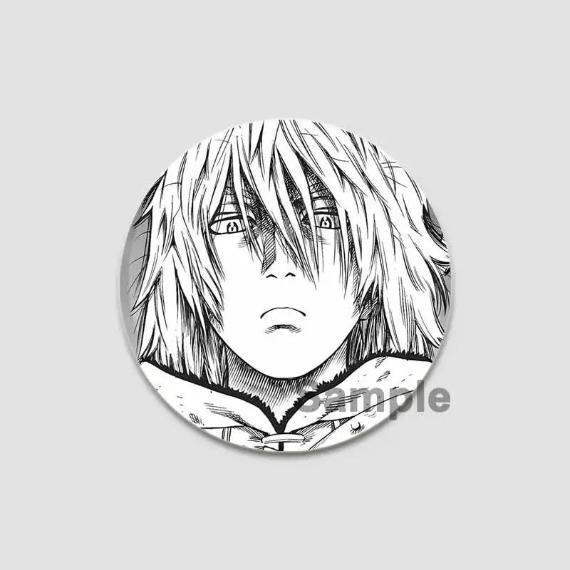 Black and white tinplate anime badge pin featuring a detailed line-art vinland saga character with intense eyes