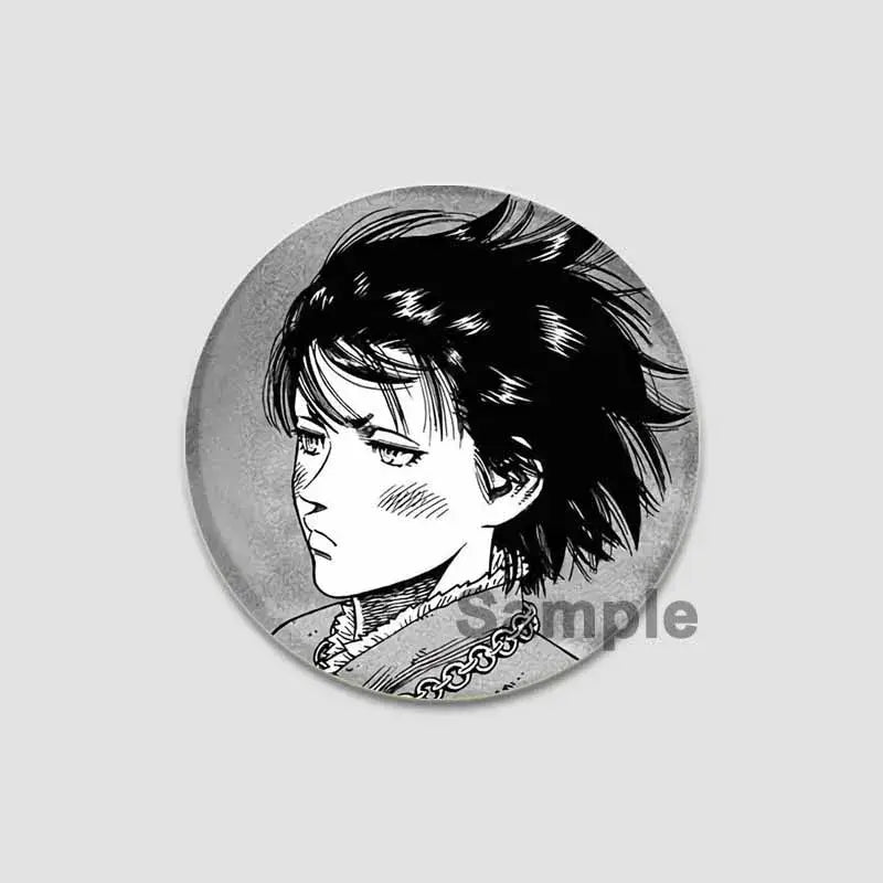 Circular black-and-white vinland saga anime badge pin featuring spiky hair and chain necklace made of tinplate and plastic