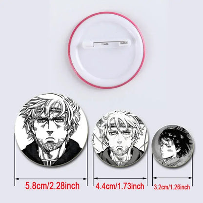Circular tinplate plastic vinland saga anime badge pins with black and white character portraits and pink rims