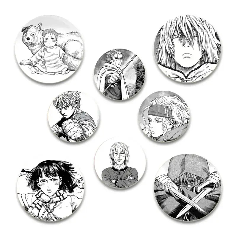 Set of seven black-and-white anime badge pins featuring detailed line art on glossy tinplate plastic surfaces