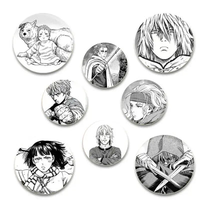 Set of seven black-and-white anime badge pins featuring detailed line art on glossy tinplate plastic surfaces