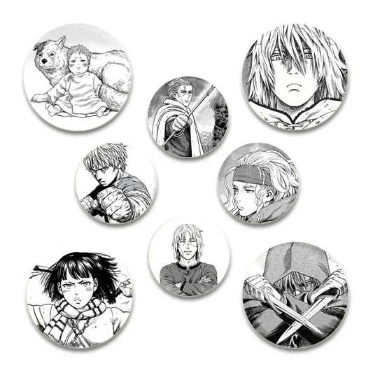 Set of seven black-and-white anime badge pins featuring detailed line art on glossy tinplate plastic surfaces