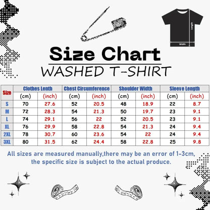 Black vintage washed vinland saga askeladd oversized t-shirt size chart in cm and inches for s to 3xl
