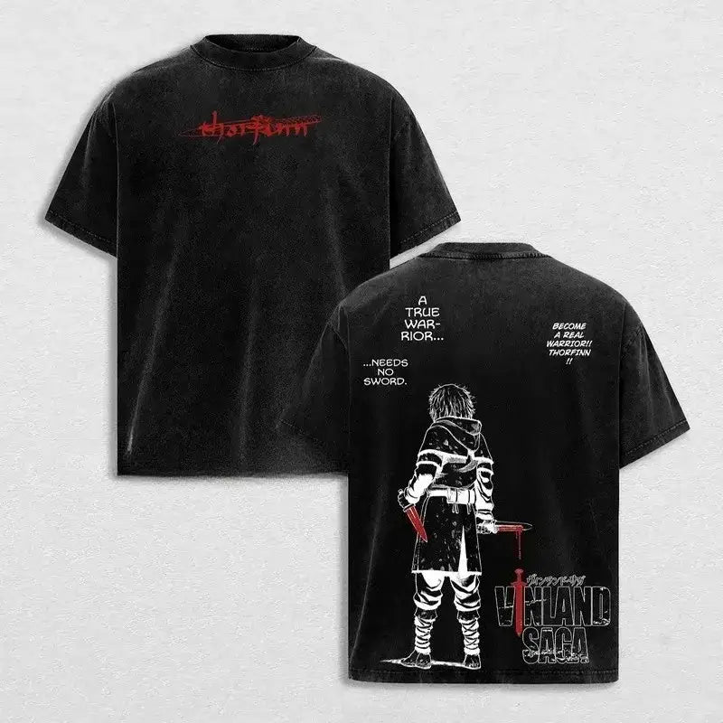 Black short-sleeved vintage washed t-shirt featuring vinland saga askeladd graphic in oversized vintage style