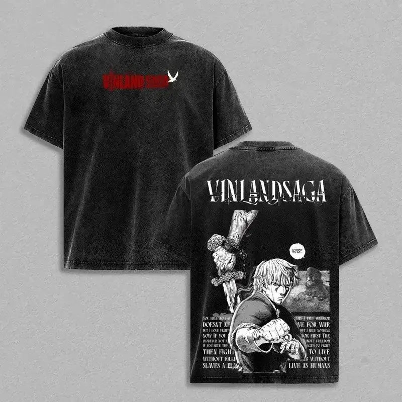 Black distressed cotton vinland saga askeladd oversized t-shirt with vintage washed look featuring anime design back