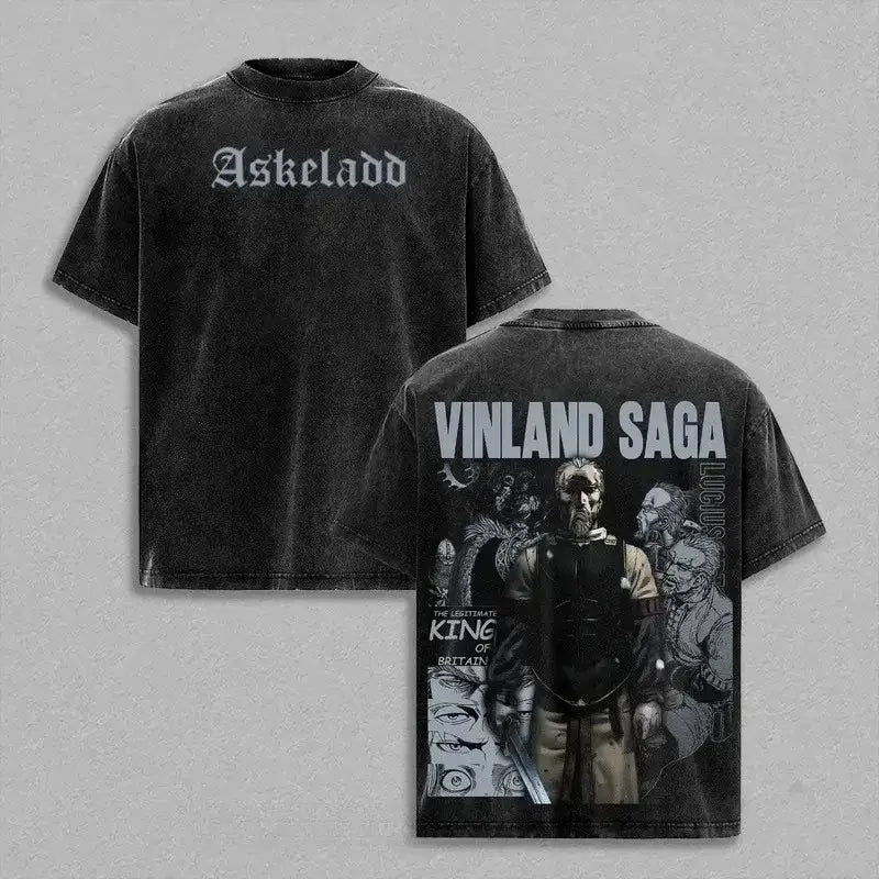 Black distressed cotton vintage washed vinland saga oversized t shirt showing vinland saga askeladd graphic on back