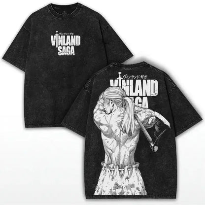 Black oversized vintage washed t-shirt featuring vinland saga askeladd graphic on back and show title on chest