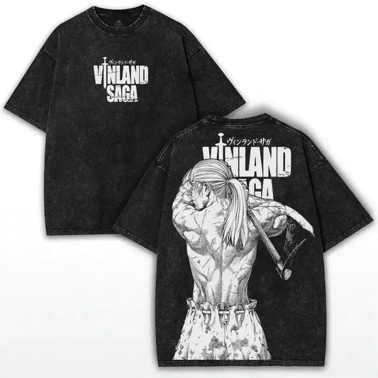 Black oversized vintage washed t-shirt featuring vinland saga askeladd graphic on back and show title on chest