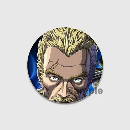 Circular vinland saga badge pin featuring a detailed anime portrait of a blonde man with green eyes on tinplate