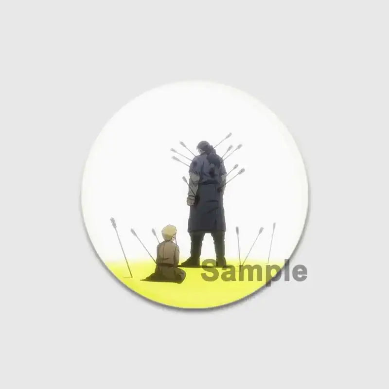Circular vinland saga badge pin featuring anime illustration of dark figure with arrows and blonde figure on yellow ground