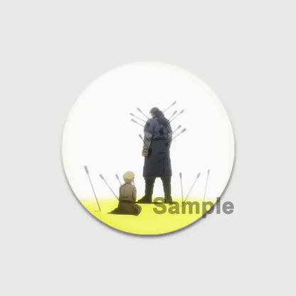 Circular vinland saga badge pin featuring anime illustration of dark figure with arrows and blonde figure on yellow ground