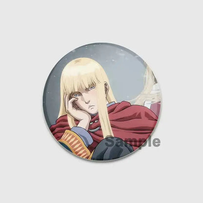 Vinland saga badge pin featuring a detailed illustration of an anime character with long blonde hair and red cloak on tinplate