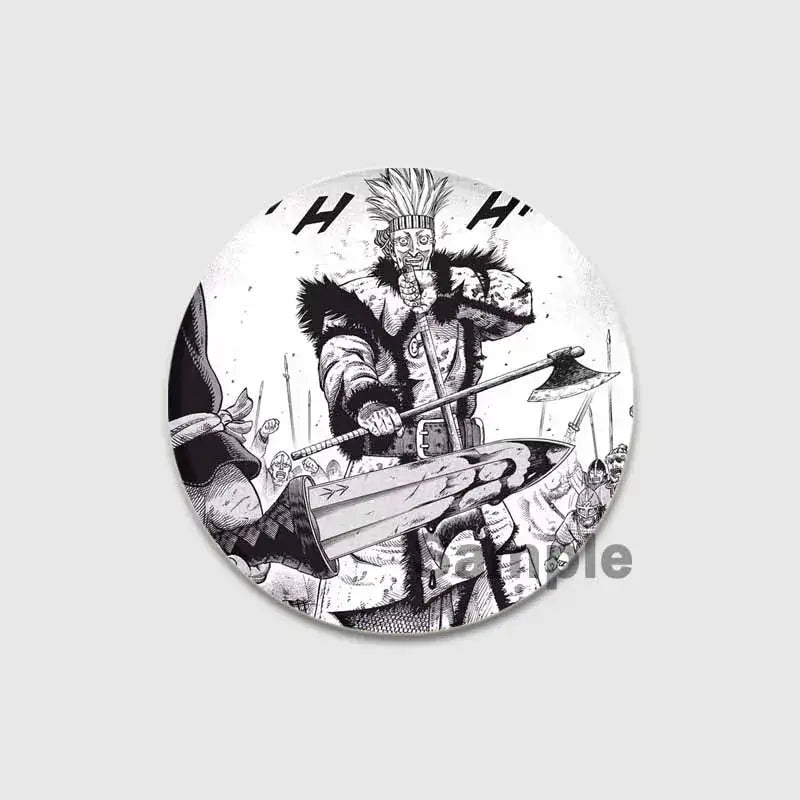 Circular black-and-white vinland saga badge pin featuring a spiky-haired warrior with fur-lined armor holding an axe