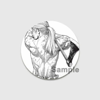 Circular vinland saga badge pin with a black and white line drawing of a muscular man holding an axe on a handmade tinplate brooch
