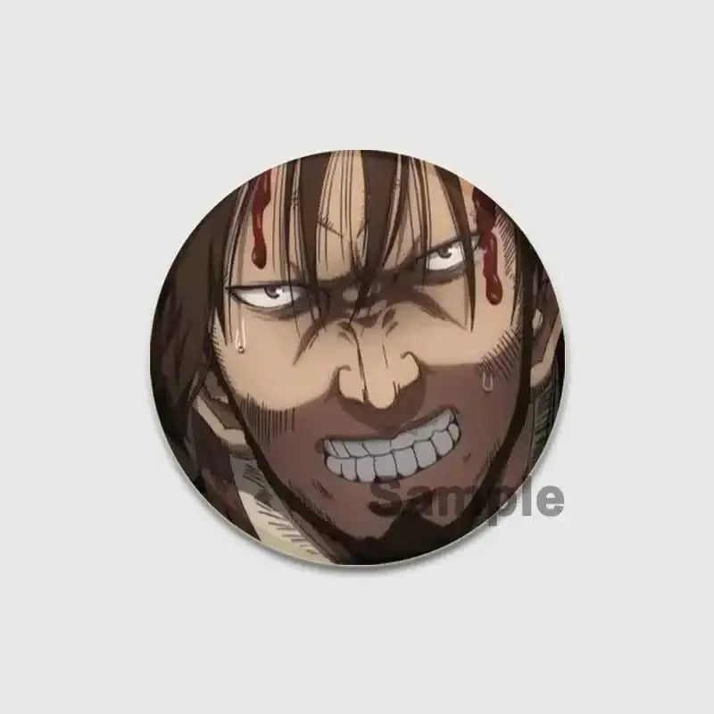 Circular vinland saga badge pin featuring anime character with brown hair intense expression and blood on face