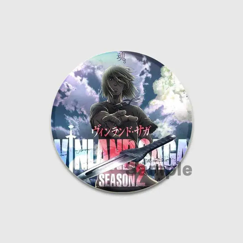 Vinland saga badge pin featuring an anime character with long silver hair holding a sword on a tinplate brooch