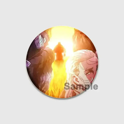 Circular vinland saga badge pin featuring three anime characters on a bright fiery background handmade tinplate brooch