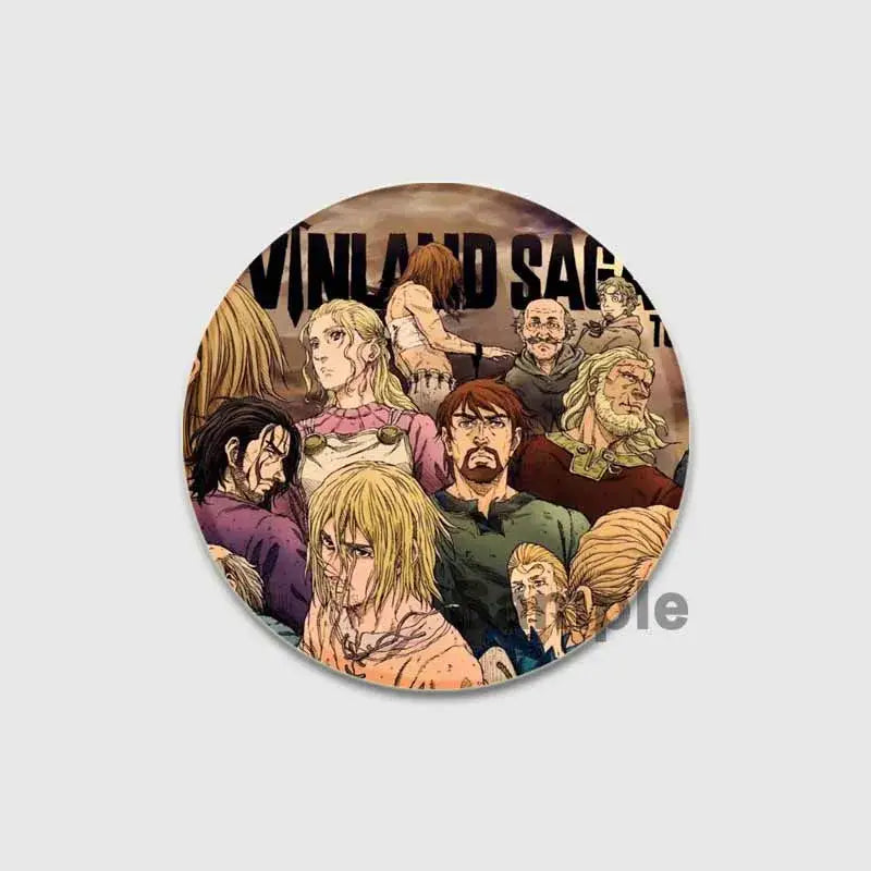 Circular vinland saga badge pin featuring illustrated vikings valhalla characters in vintage muted earth tones tinplate