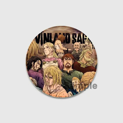 Circular vinland saga badge pin featuring illustrated vikings valhalla characters in vintage muted earth tones tinplate