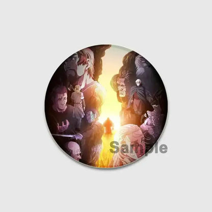 Vinland saga badge pin with anime characters around fiery center handmade circular tinplate brooch