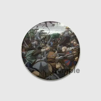 Circular vinland saga badge pin featuring an illustrated battle scene with armored warriors in muted earthy tones tinplate