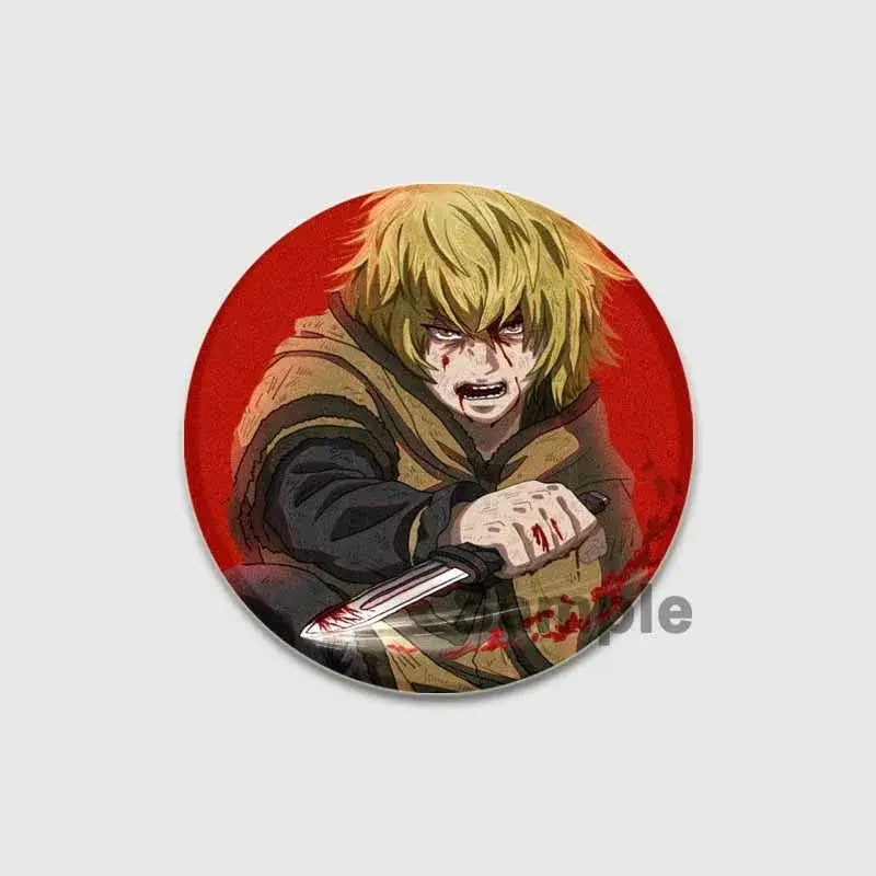Circular vinland saga badge pin featuring a handmade tinplate brooch with blonde anime character and bloody face on red background