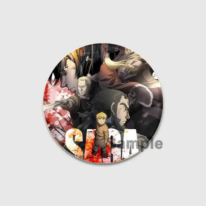 Circular vinland saga badge pin with dark anime characters and red splatter handmade tinplate brooch