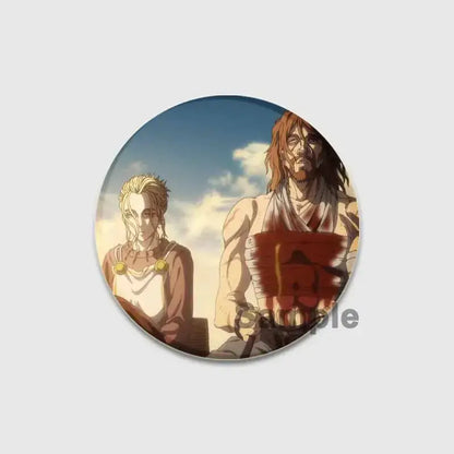 Vinland saga badge pin featuring two attack on titan anime characters on a handmade tinplate circular button
