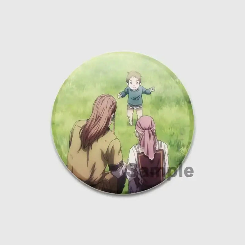 Vinland saga badge pin featuring a handmade tinplate circular button with an anime baby in green on grass and adults behind