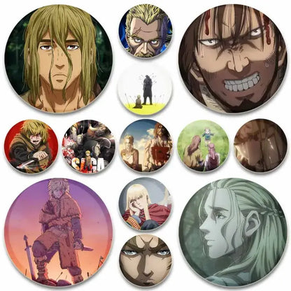 A collection of handmade tinplate vinland saga badge pins featuring circular designs with anime character expressions