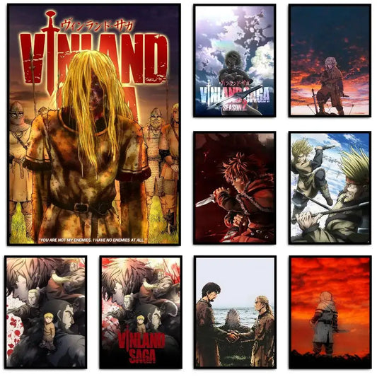 Vinland saga manga poster wall art featuring vibrant artwork with bold red and black text and detailed character illustrations